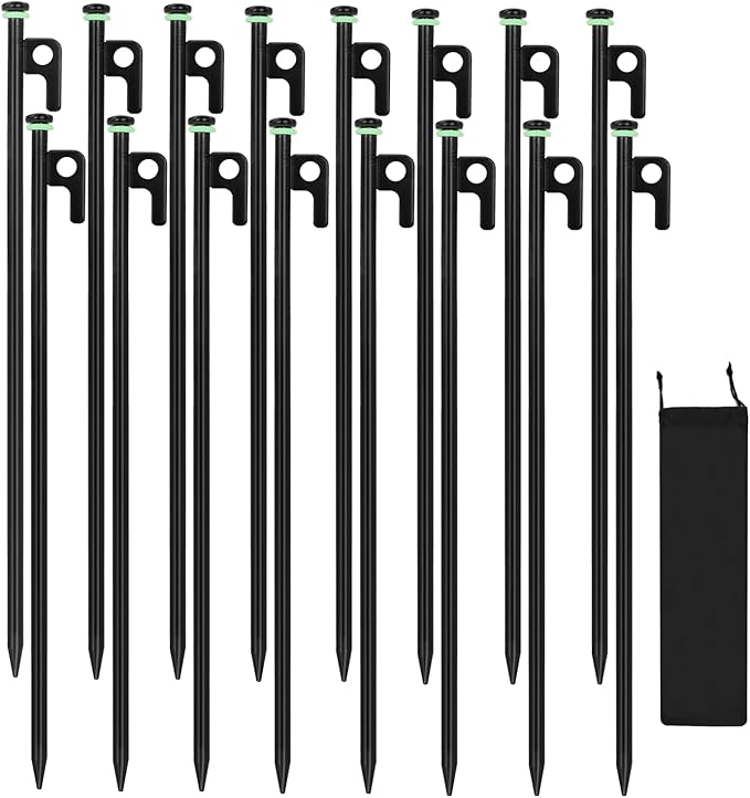 16Pcs Tent Stakes 16in Heavy Duty Tent Stakes with Storage Pouch Dia 0.35 Forged Steel Stakes for Tent Used on Rocks Grassland Snowfield(16Pcs 16in Stakes)