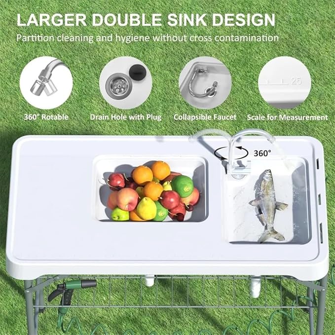 Heavy Duty Portable Folding Fish Cleaning Table with Dual Collapsible Washbasins Collapsible Faucet Sprayer Drainage Hose Grid Rack &amp Storage Box – Outdoor Camping Picnic Washbasin Station Du