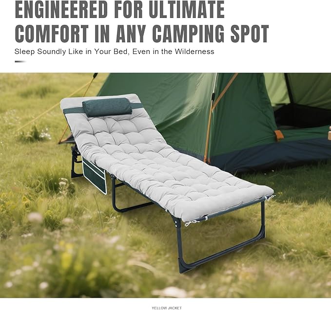 YELLOW JACKET Folding Sleeping Cot Camping Cot with Mattress for Adults 450lbs Max Load Portable Camping Cot with Pillow Adjustable 5-Position Cot for Camping HomeOfficeTravel