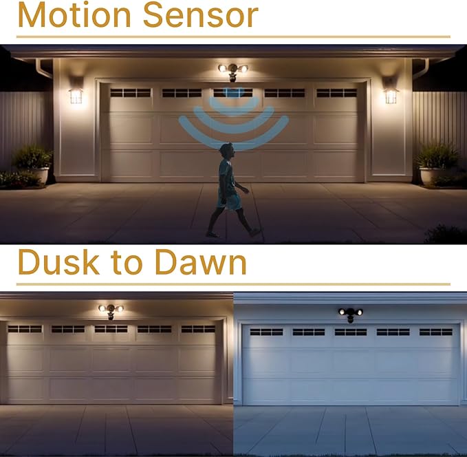 LED Black Motion Sensor 2-Light Bullet Flood Light- 3000K Adjustable Dual Head Outdoor Security Light Dusk to Dawn Waterproof Hardwired Spotlight for Yard Patio Garage Landscape
