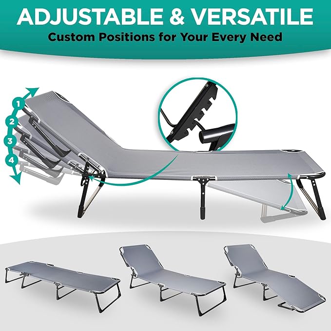 ZONETECH Folding Cot &amp Pad Mattress 4 Position Adjustable 2-Pack PortablePremium Quality for Adult and Kids-Perfect for Camping TravelPatioBeachIndoor &amp Outdoor Activity with Carry Bag