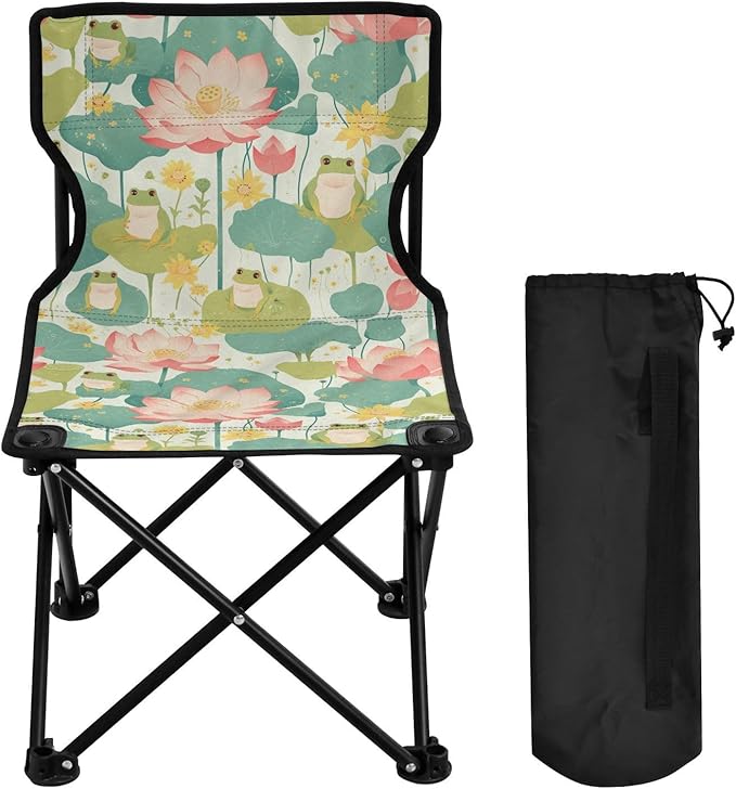 Fresh Spring Cute Frogs Flower Collapsible Camp Chairs Lightweight Backpacking Chair with Carrying Bag
