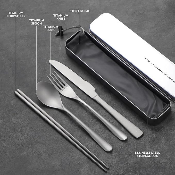 Titanium utensil travel set portable lunch silverware set with box including titanium chopsticks spoon fork knife reusable suitable for office and outdoor dining (Titanium gray 4-piece set)