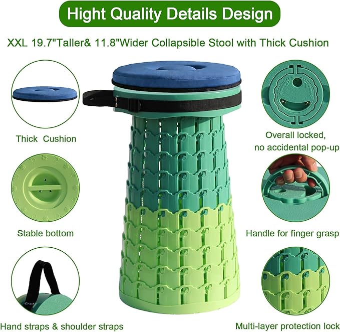 2026 Upgraded XXL Collapsible Stool with Thick Cushion19.7H-11.8D Telescoping Folding Stool for Adults More Sturdy Camping Stools with Load Capacity 1000lbs for OutdoorGardenFishingHiking