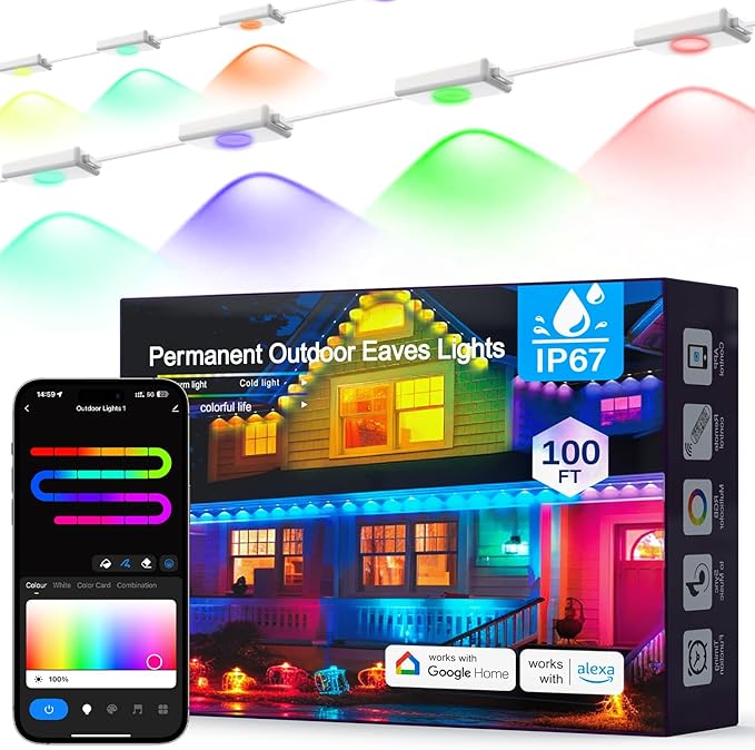 Permanent Outdoor Lights for House: 100FT 60LED Smart RGB Eave Light for Christmas Decor Warm/Cool Lighting for Daily DecorationsIP67 WaterproofCompatible with Alexa Google Assistant