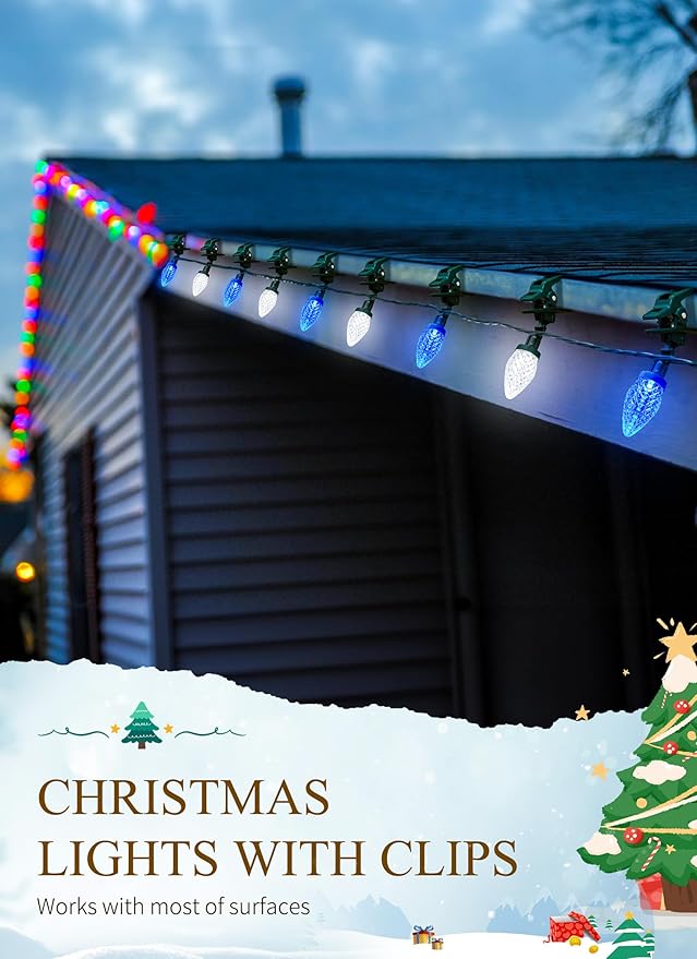 C9 LED Christmas Lights Outdoor 68 Feet 100 LED C9 String Light with 100 Spring Clips Waterproof Connectable Christmas Tree Lights for Outside Roofline Patio Home Xmas Decor Blue &amp Pure White