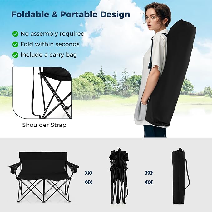 Tangkula 2 Person Camping Chair Outdoor Folding Camp Chair Loveseat with Cup Holders Armrests Carrying Bag Portable Heavy Duty Lawn Chair for Beach Picnic Fishing Travel (2-PersonBlack)