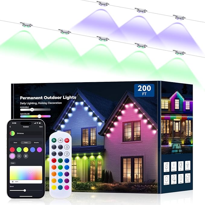 200FT Permanent Outdoor Lights -RGB Eaves Lights with App Control RemoteDIY Scene Modes IP67 Waterproof Outside LED Light for Christmas Holiday Daily House Roof Eternity Lighting