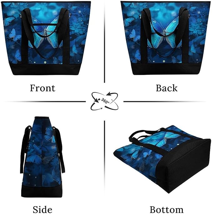 Insulated Shopping BagLarge Reusable Cooler Bags Blue Beautful Butterfly Printed Foldable Shopping BagTravel Waterproof Shoulder Bag