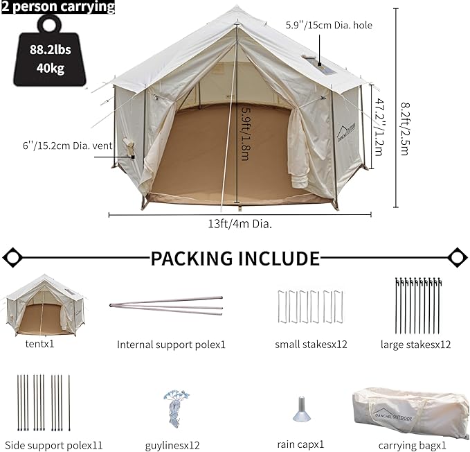 DANCHEL OUTDOOR B6 Luxury Glamping Wall Tent w/Stove Jack No Center Pole Higher Side Wall 900D Flame Retardant Oxford for 4 Season 4-6 Person Family Yurt Cabin Glamping Camping13ft/16.4ft