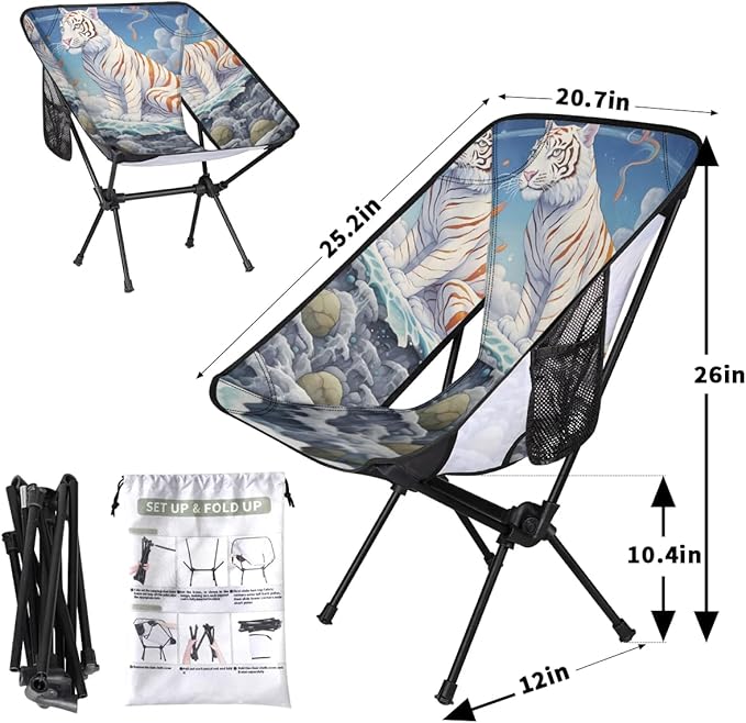 Portable Camping Chair Ocean Waves Tiger Ultralight Folding Camping Chair Backpacking Hiking Chair with Cup Holder for Outdoor Travel Beach Picnic Festival Compact Portable 176 lbs Capacity