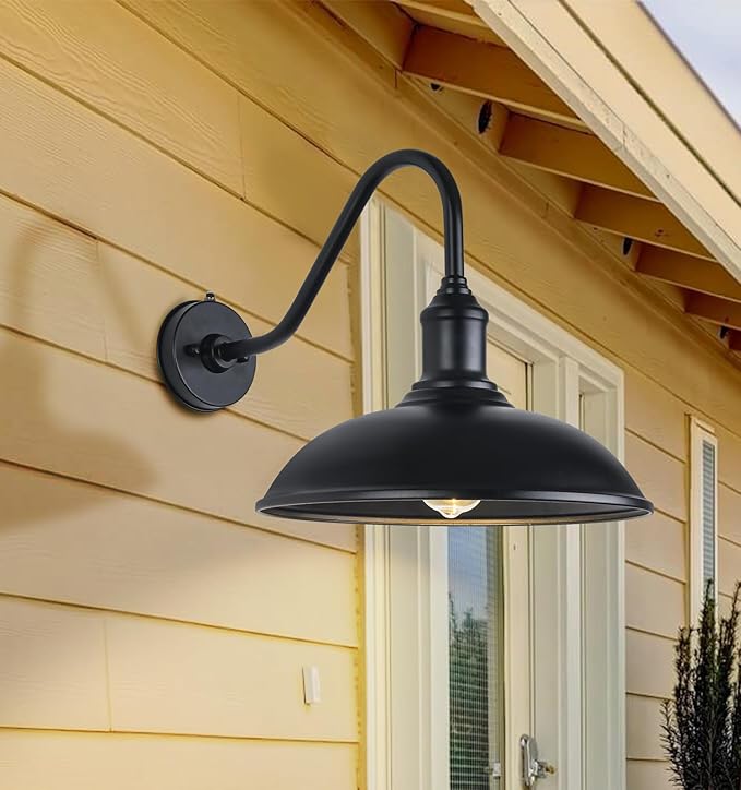 15 Inch Large Black Outdoor Gooseneck Barn Lights from Dusk to Dawn Farmhouse Barn Lights Galvanized + Painted Classic Look Suitable for Porch Garage Outdoor Lighting.