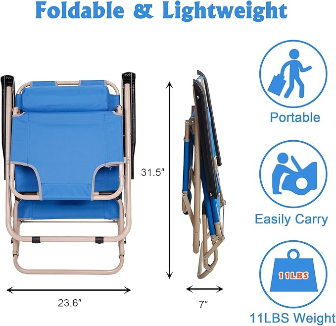 LUCKYERMORE 2 Pack Beach Outdoor Lounge Chairs Tanning Lounge Chair and Full Flat Cot 2 in 1 Folding Reclining Chairs for Outdoor Lawn Beach Pool Camping 60 L x 19 W Blue