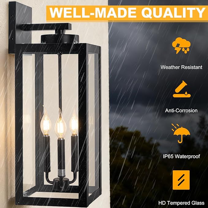 24 Extra Large Fully Enclosed Outdoor Light Fixture 3-Light Black Outdoor Porch Lantern Wall Mounted Waterproof Modern Outside Wall Sconce Coach Lamp for House E12 2 Packs