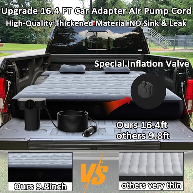 KINMAC Inflatable Full-Size Short Truck Bed Air Mattress 16.4FT Car Air Pump Cord Carry Bag for Outdoor Truck Camping Grey
