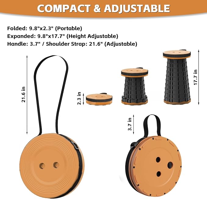 Collapsible Stool - Lightweight Portable Folding Stool for Camping 330lb Capacity Telescoping Stool Adjustable Height(2.3-17.7) for Camping Fishing Travel