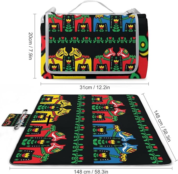 Swedish Dala Horse Folk Seamless Pattern Waterproof Outdoor Picnic Blanket Sandproof Beach Mat for Camping Hiking Grass Travelling