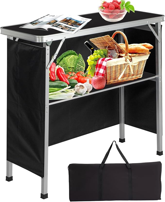 Folding Mobile Bar Table Tradeshow Podium Table with Carrying Bag Storage Shelf and Black Skirt Portable Bar Tables for Events Indoor Outdoor Party Picnic Camping 111 lbs Capacity (Black)