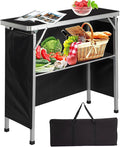 Folding Mobile Bar Table Tradeshow Podium Table with Carrying Bag Storage Shelf and Black Skirt Portable Bar Tables for Events Indoor Outdoor Party Picnic Camping 111 lbs Capacity (Black)