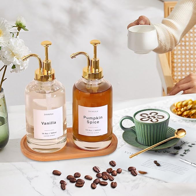 Coffee Syrup Dispenser for Coffee Bar 16.9oz 500ml Glass Syrup Dispenser w Golden Coffee Scoop Coffee Syrup Pump Dispenser w 36 Labels and Bamboo Tray Coffee Syrup Bottles with Golden Pump 2PCS