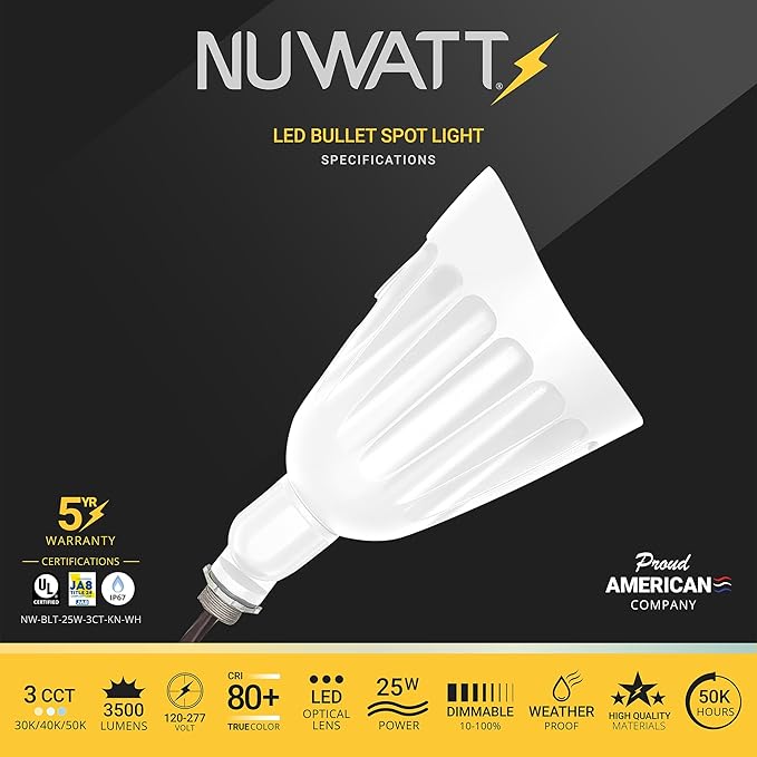NUWATT 25W Bullet White Spot Light Outdoor LED Landscape Lights 3500 LM Bright Outdoor Lighting for Yard 30K/40K/50K Selectable 1/2 Knuckle Mount 120-277V Waterproof Flag Pole Lights