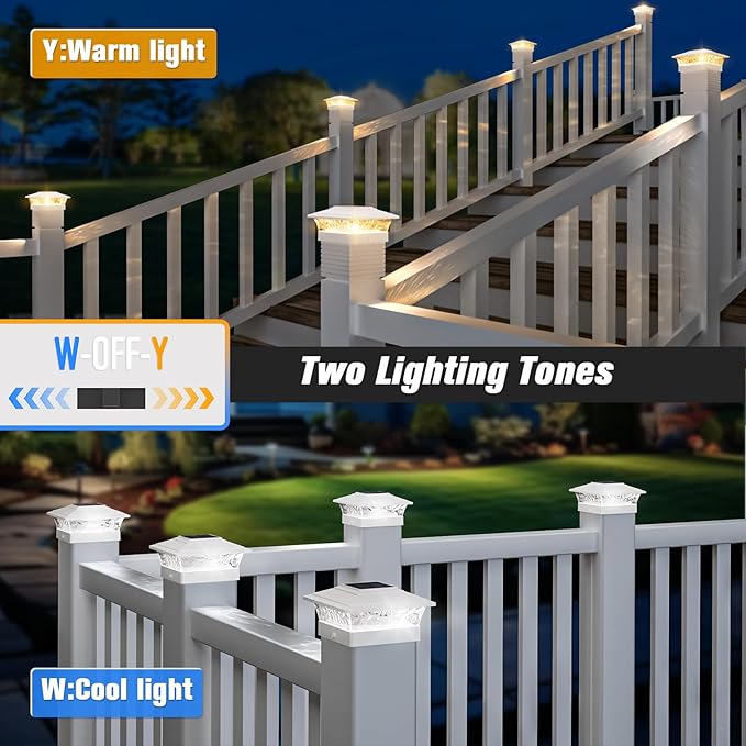 Solar Post Cap Lights Outdoor 6pack Waterproof Solar Powered Deck Fence Post Lights Fit 4x4/5x5/6x6 Wood/Vinyl Posts White Vinyl Fence Post lights with Warm/Cool White for garden Patio Porch Deck
