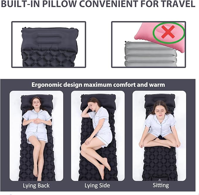 Sleeping Pad 40D Nylon Camping Mat with Pillow Built-in Foot Pump Inflatable Sleeping Mat Compact Portable Waterproof Air Mattress for Outdoor Camping Hiking Backpacking Single (Gray)