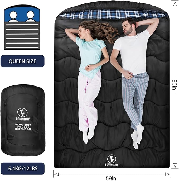 0 Degree Flannel Double Sleeping Bag for Adults Couples or Family - Winter Queen Size Waterproof &amp Warm 2-Person Sleeping Bag for Cold Weather Camping RV Travel