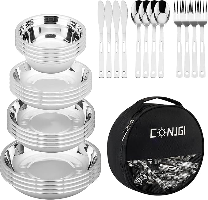 Camping Mess Kits - 28pcs Camping Dinnerware Set Camping Gifts Camping cookware Sets Camping Accessories Camping Cooking Utensils Set Bowls Plates Knives Forks Spoons