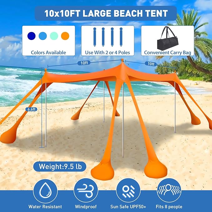 Beach Tent Sun Shelter 10x10ft Beach Canopy Easy Pop Up Sun Shade Portable UPF50+ with 8 Sandbags-2 Sand Shovel-4 Aluminum Poles-Ground Pegs for Outdoor Family Camping Fishing Backyard Picnic