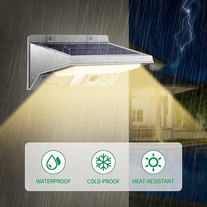 iThird Solar Flood Lights Outdoor Motion Sensor: Stainless Steel Motion Sensor Lights Outdoor Waterproof Solar Security Lights for Yard Patio Garage Porch 3 Modes Flood Light 2Pack(Warm)