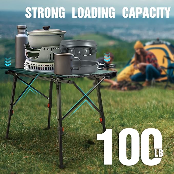 VILLEY Portable Camping Table with Adjustable Legs Lightweight Aluminum Folding Beach Table with Carrying Bag for Outdoor Cooking Picnic Beach Backyards BBQ and Party
