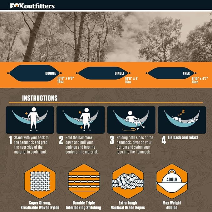 Fox Outfitters Neolite Double Camping Hammock - Lightweight Portable Nylon Parachute Hammock for Backpacking Travel Beach Yard. Hammock Straps &amp Steel Carabiners Included (Khaki/Olive Green)