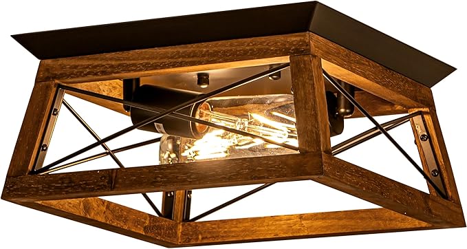 Farmhouse Ceiling Light 2-Light Flush Mount Light Fixture with Metal and Wood Design Rustic Light Fixture for Kitchen Entryway Hallway Bedroom