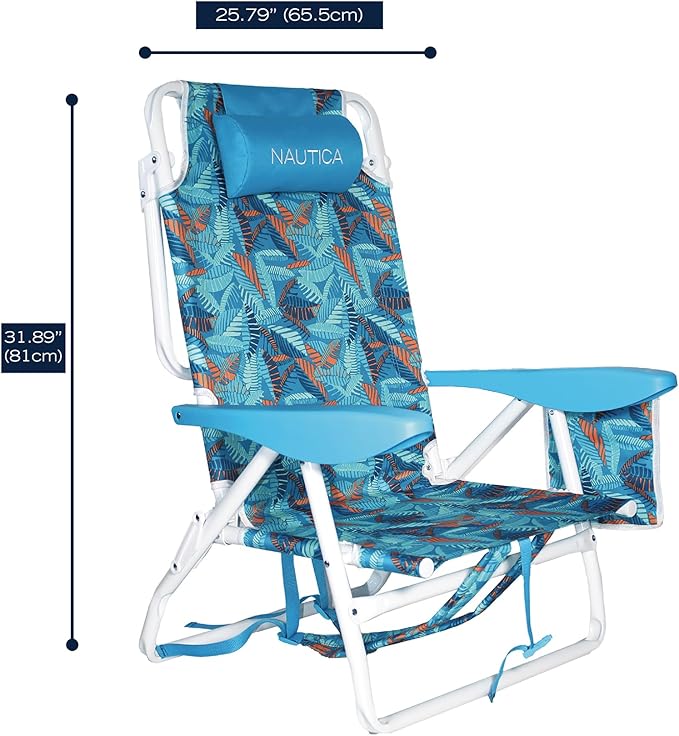 Nautica - Beach Chair Five Position Backpack Chair Portable &amp Adjustable with Padded Pillow and Cup Holders and Attached Insulated Cooler Bag (Fiji Beach)
