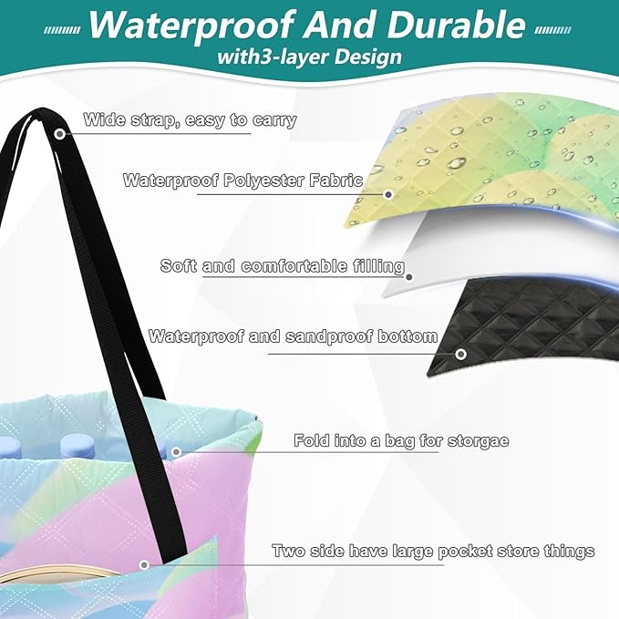 Outdoor Blanket Packable Beach Waterproof Blanket for Family Concert Blankets Cartoon Cute Blue Pink Flowers 60x80in