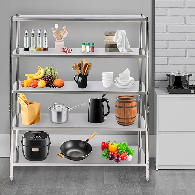 Stainless Steel Shelving 5 Tier Utility Bakers Racks Adjustable Shelf Storage Heavy Duty Shelving for Kitchen Commercial Office Garage Storage Laundry Room Organization (5-Tier 60*18*71in)