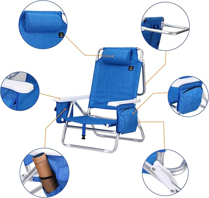 Nice C Blue Backpack Beach Chair with Cooler and Umbrella 5 Position Reclining Beach Chair for Adults with Cup Holder Canopy Shade Cooler Bag for Outdoor Camping Travel Picnic (1 Pack)