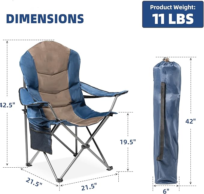 2 Pack Folding Camping Chairs for Adults - High Back Padded Portable Outdoor Lawn Chairs with 400lbs Adjustable Lumbar Support - Lightweight Camp Chairs Set (Light Blue &amp Brown)