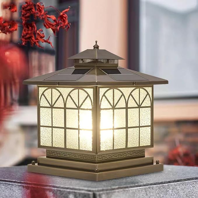 Copper Solar Outdoor Post Lights Vintage Patio Lawn Column Lamp Deck Lights Lantern Fence Lamp Fixture Luxury Landscape Lighting (Solar 12x12in Copper Brown)