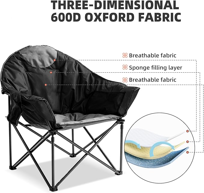 Oversized Camping Chair 2 PCS Padded Moon Saucer Chair with Cup Holder &amp Carry Bag Heavy Duty 500lbs Capacity Folding Outdoor Lounge Chair for Lawn Patio Sports - Black &amp Gray