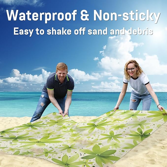 Waterproof Sandproof Beach Blanket 59''×68'' Greener Polyester Outdoor Picnic Blanket with 4 Stakes &amp Storage Bag for BeachCampingVacation Abstraction