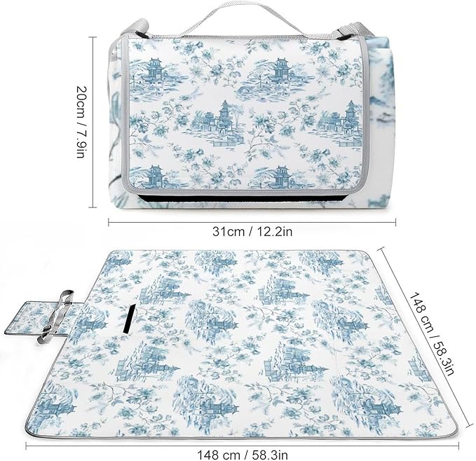 Blue Chinoiserie Toile Chinese Style Waterproof Outdoor Picnic Blanket Sandproof Beach Mat for Camping Hiking Grass Travelling