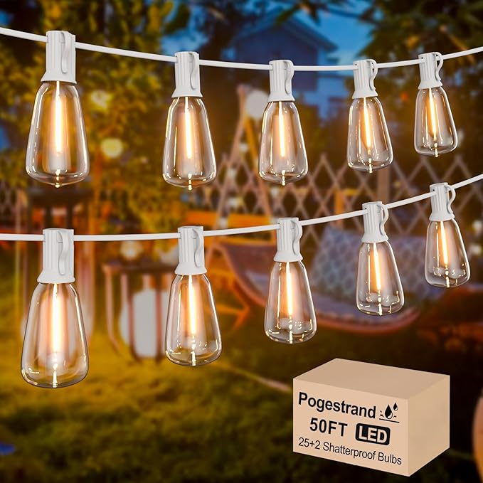 LED Outdoor String Lights 50ft ST38 White Waterproof Patio Lights with 25 Vintage Shatterproof Bulbs(2 Spare)