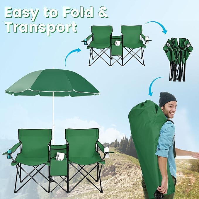 COSTWAY Double Portable Picnic Chairs Folding Camping Chairs w/Detachable Umbrella Cooler Bag Cup Holders Patio Beach Camping Chairs for Outdoors Green
