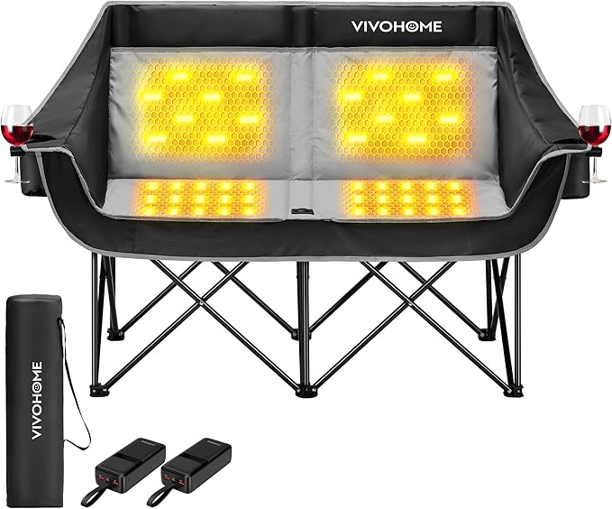 VIVOHOME 45W Padded Heating Double Camping Chair with 2 x 27000mAh Power Bank Heated Oversized Portable Loveseat for Outdoor Sports 3 Levels of Heat Overheat Protection System Black and Gray