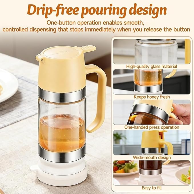 Mess Free Honey Dispenser 10oz Upgrade Syrup Pot Glass Honey Jar with Handle and Stand Leak-Proof Maple Syrup Container Oil &amp Condiment Pump For Coffee Pancakes Waffles (1PCS)