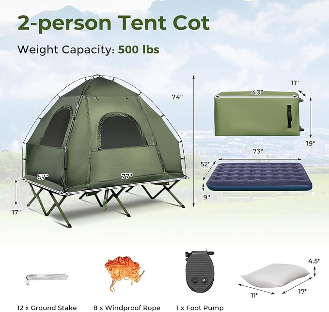 GYMAX Tent Cot 5-in-1 Folding Camping Cot with Mattress &amp Pillows Sleeping Bags Sunshade Camping Tent Elevated with Carrying Bag for Outdoor Hiking Fishing Picnic