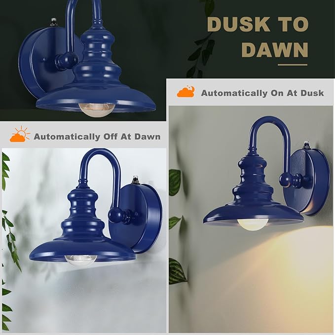 LONEDRUID Dusk to Dawn Sensor Outdoor Gooseneck Barn Light Fixtures Blue Exterior Wall Sconce Lighting Rustic Outside Porch Lantern Farmhouse Wall Mount Lamp for House Garage Patio
