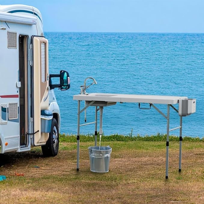 Folding Fish Cleaning Table with Sink &amp Hose Hookup 50 Outdoor Camping Sink Table Portable for Fishing Hunting RV Backyard Made of Steel Frame &amp PE Basin Easy to Clean and Store